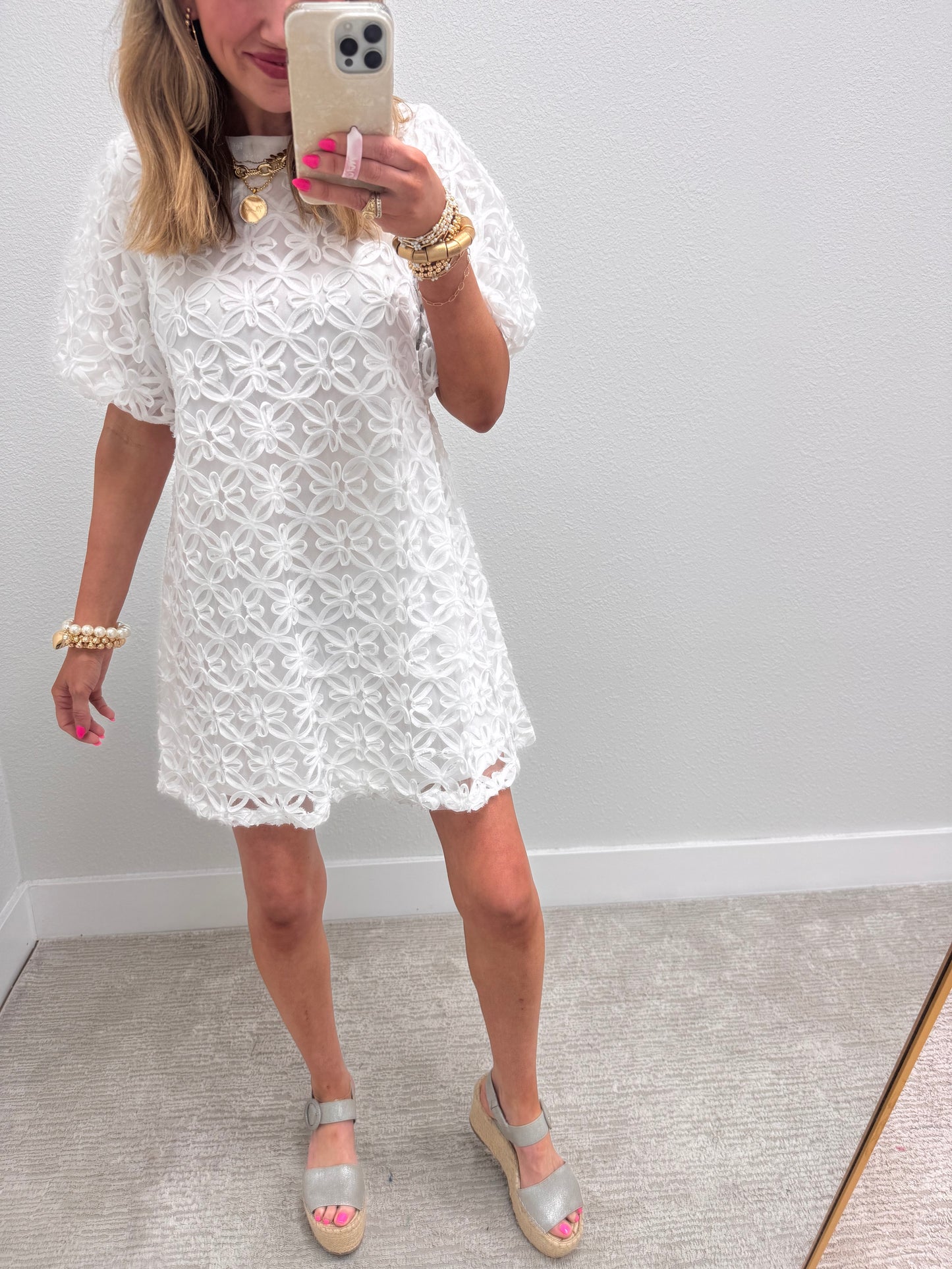 White Floral Textured Dress
