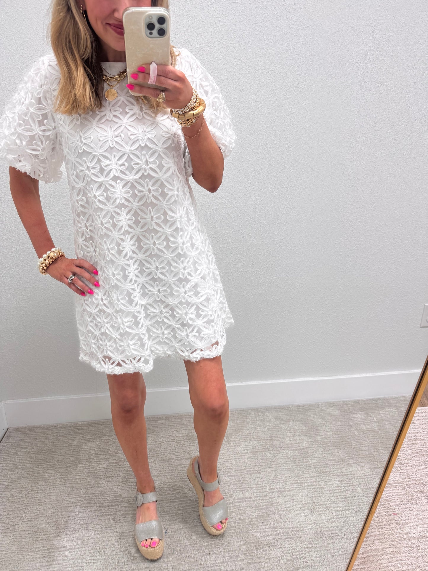 White Floral Textured Dress