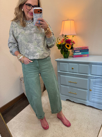 Olive Mix Oversized Round Neck Camo Knit Top