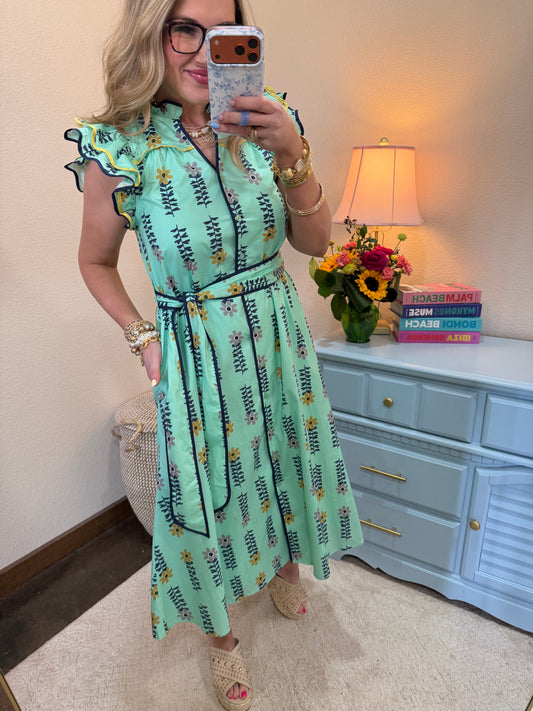 Mint Floral V Neck Ruffle Neck Dress