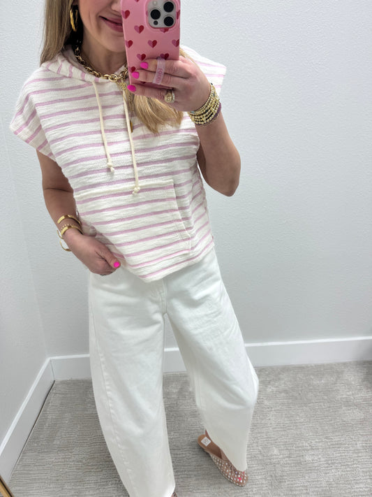 Pink and Cream French Terry Style Striped Hooded Top