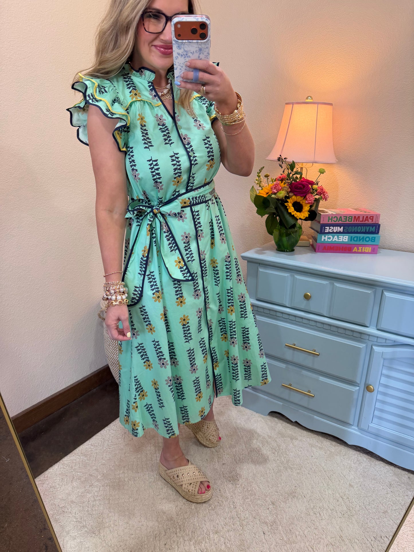 Mint Floral V Neck Ruffle Neck Dress