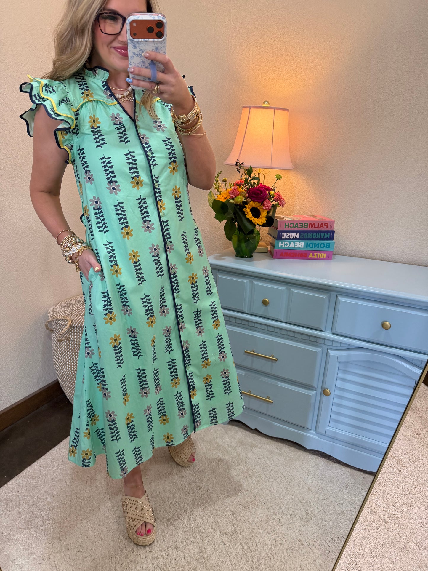 Mint Floral V Neck Ruffle Neck Dress