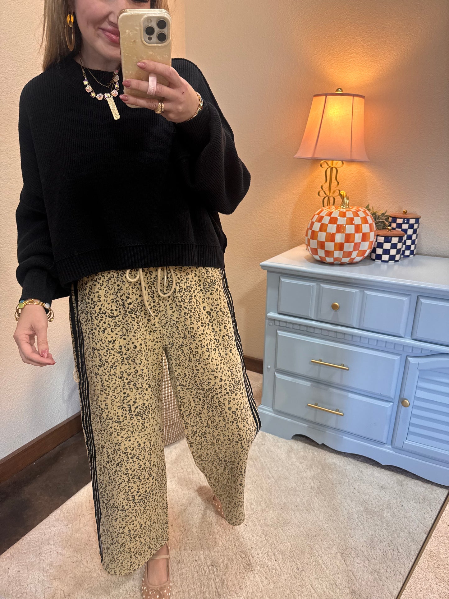 Black Trim Leopard Denim Pants