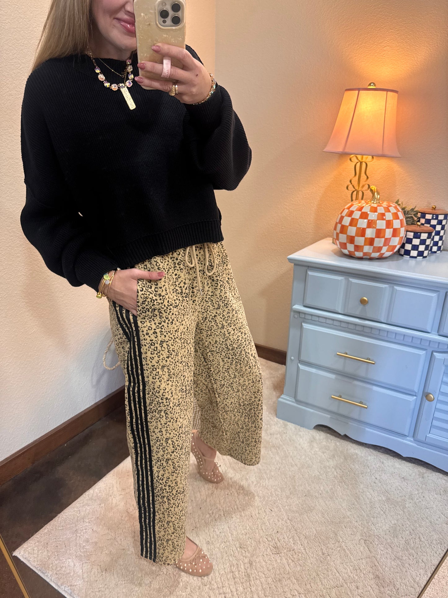 Black Trim Leopard Denim Pants