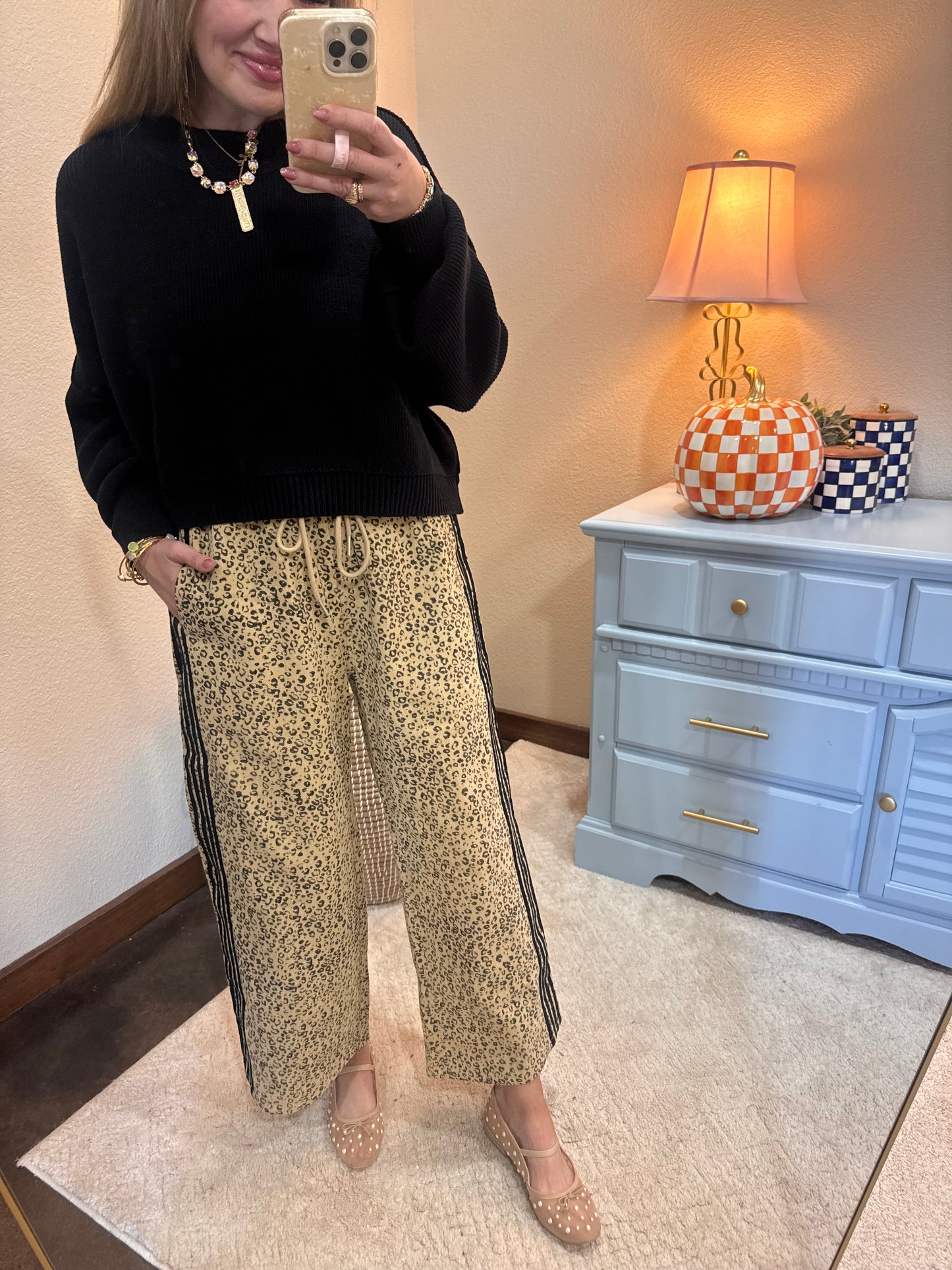 Black Trim Leopard Denim Pants