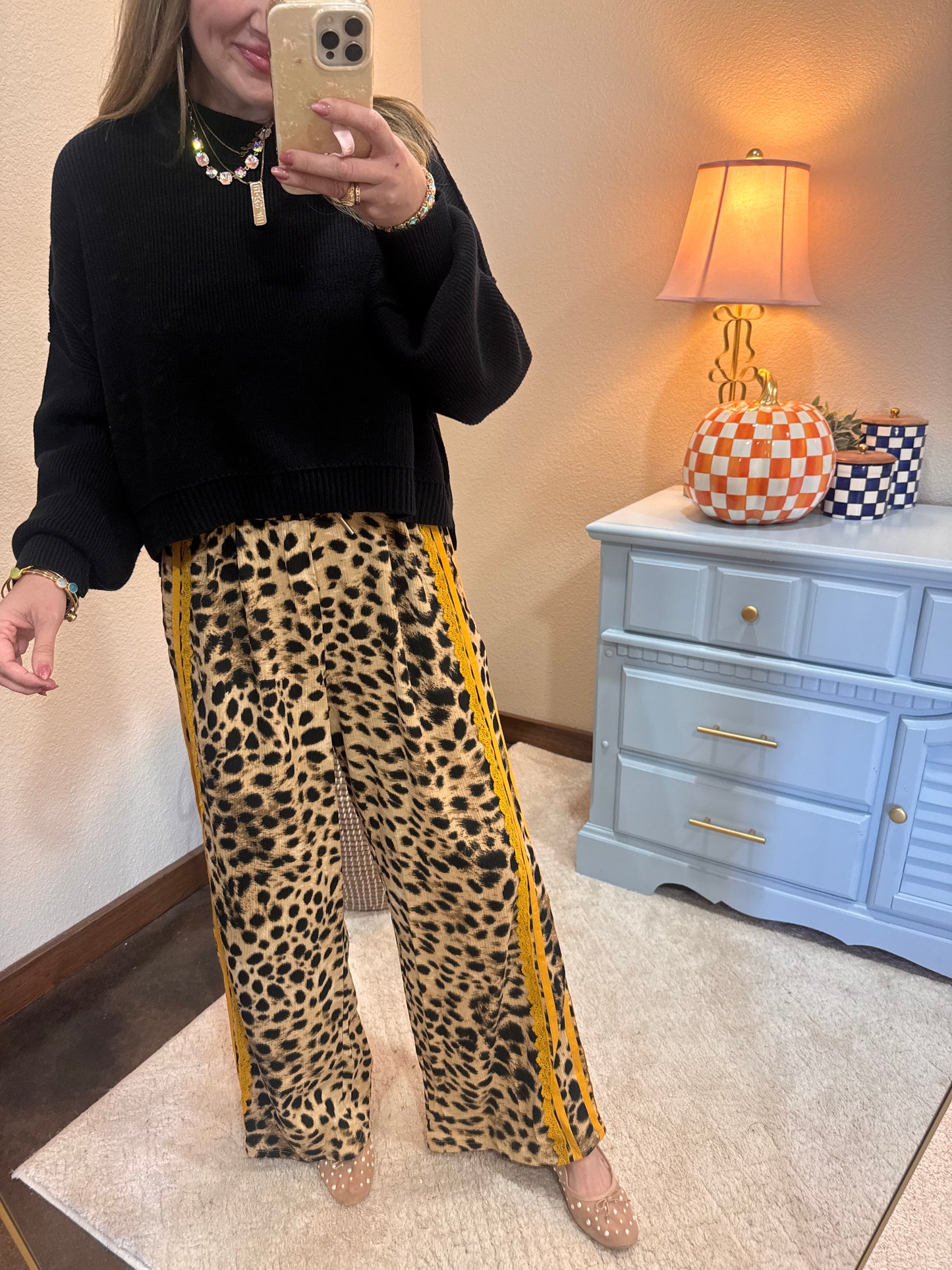 Leopard Mustard Lace & Sporty Ribbon Striped Pants