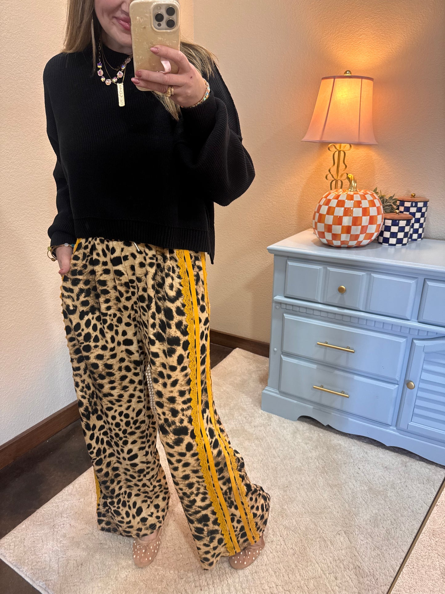 Leopard Mustard Lace & Sporty Ribbon Striped Pants