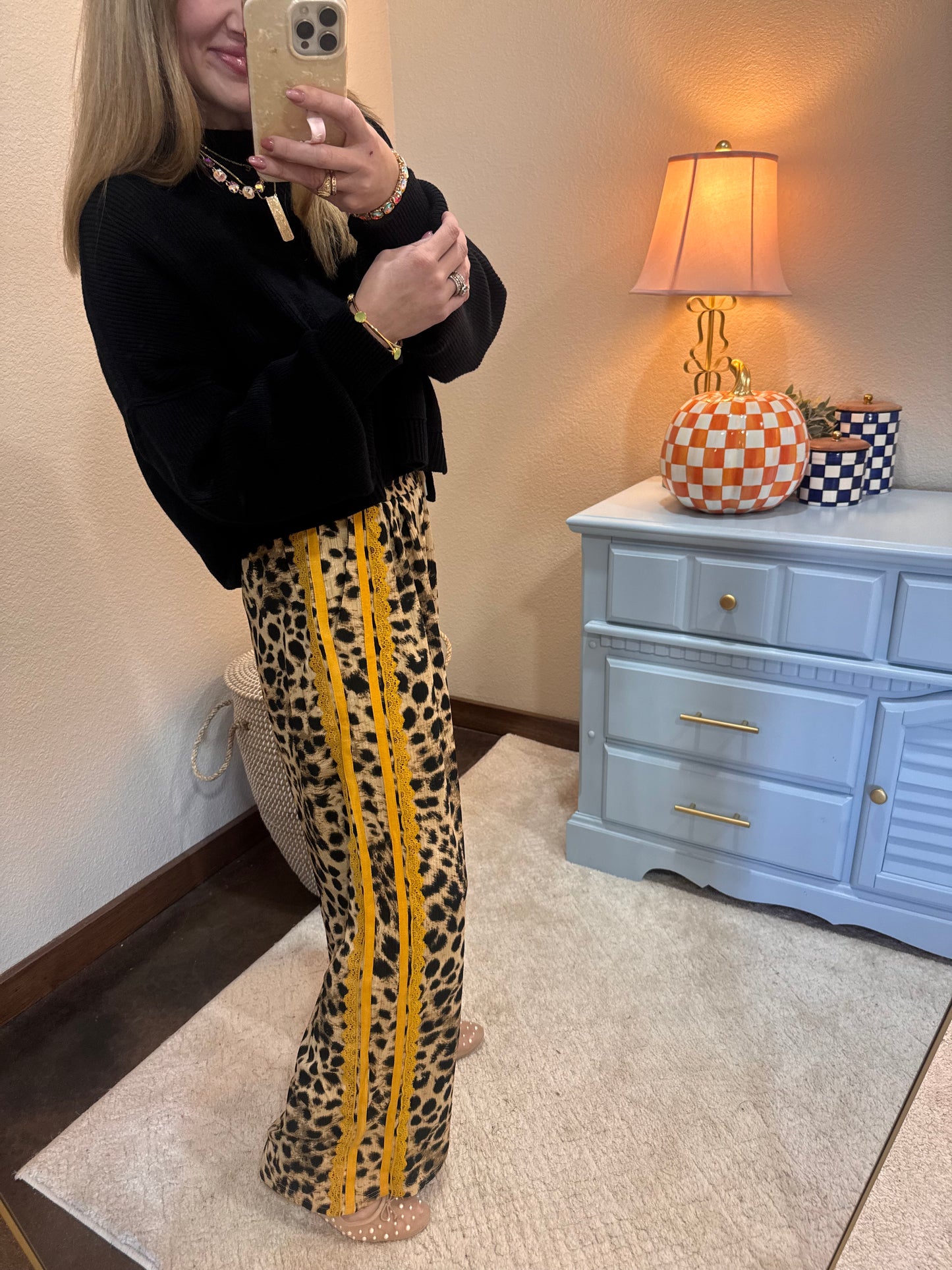 Leopard Mustard Lace & Sporty Ribbon Striped Pants