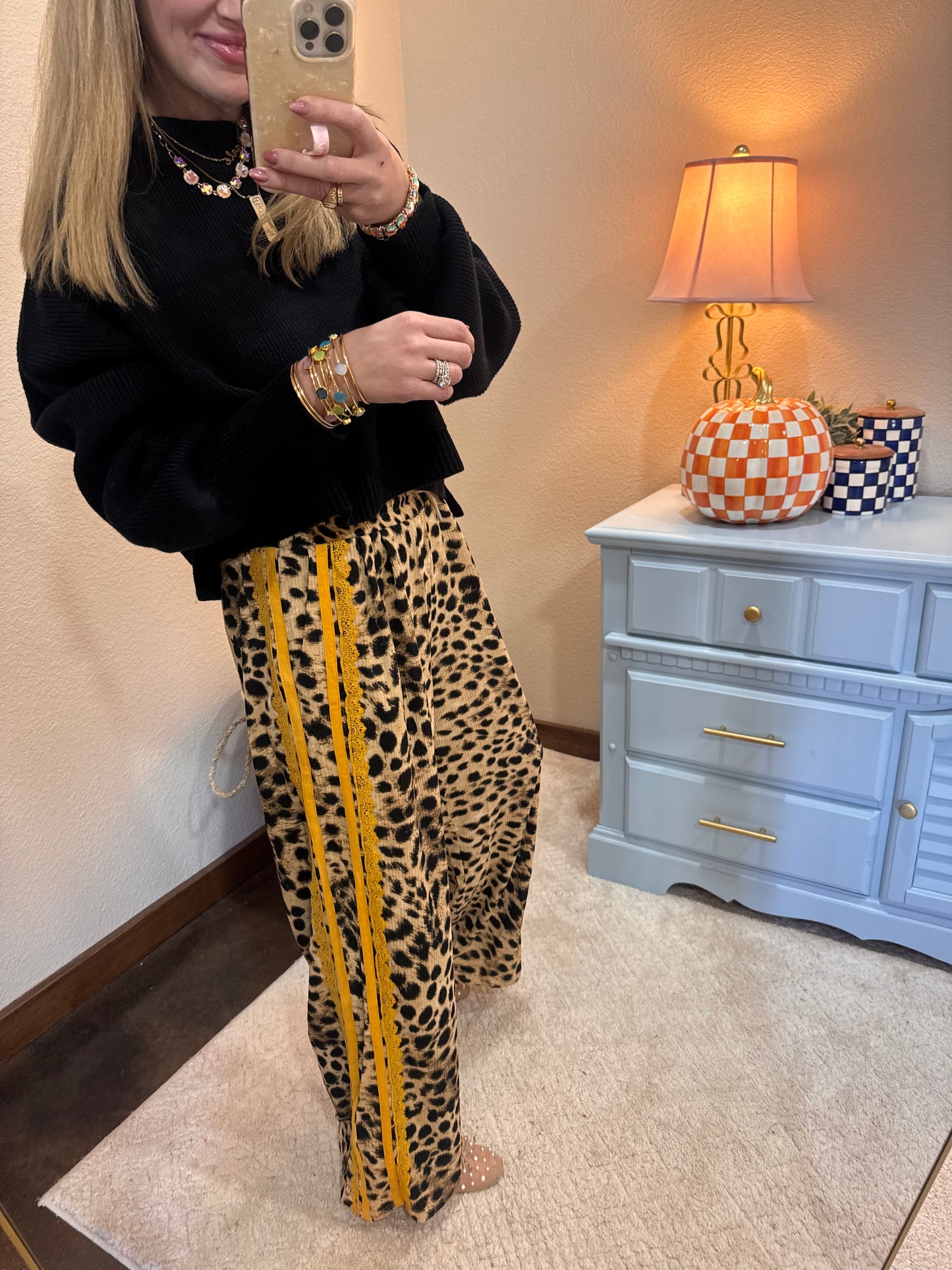 Leopard Mustard Lace & Sporty Ribbon Striped Pants