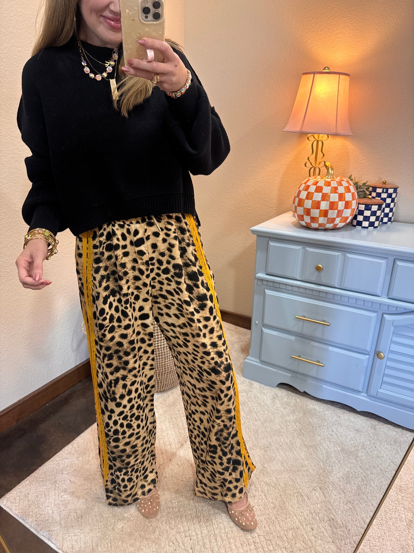 Leopard Mustard Lace & Sporty Ribbon Striped Pants