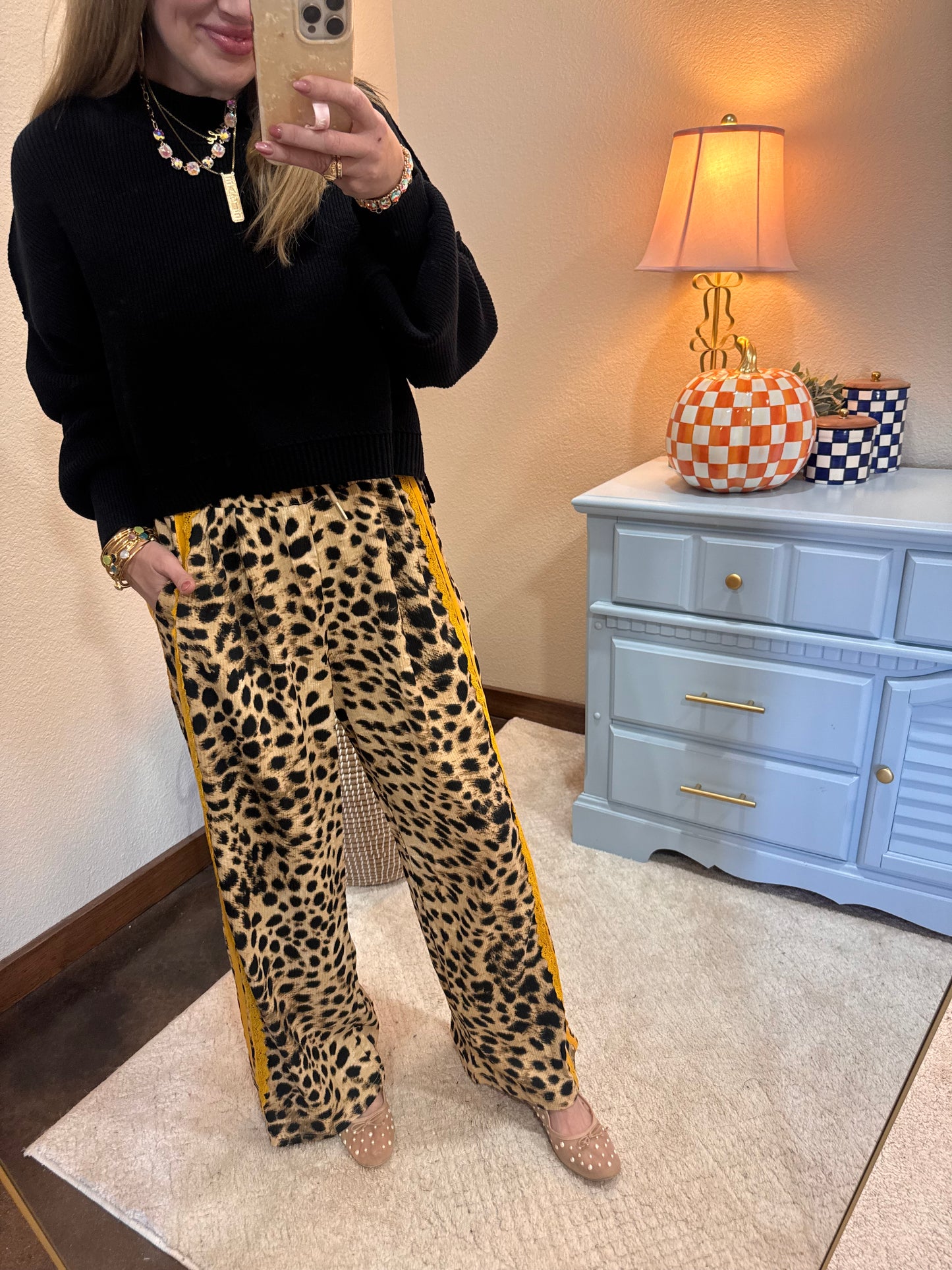 Leopard Mustard Lace & Sporty Ribbon Striped Pants