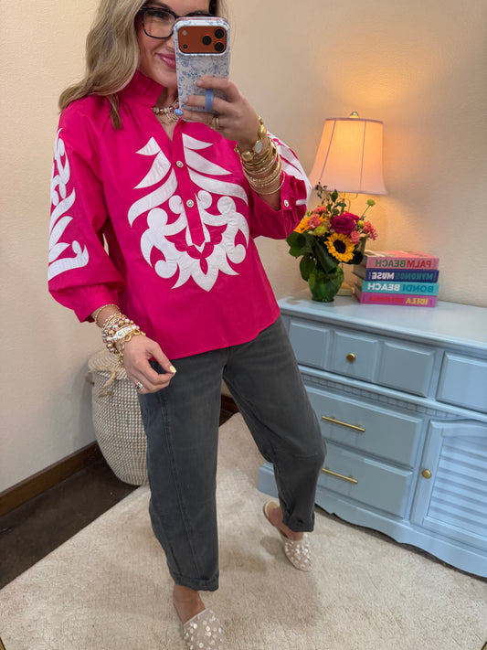 Hot PInk Decorative Embroidered Front Button Up Top