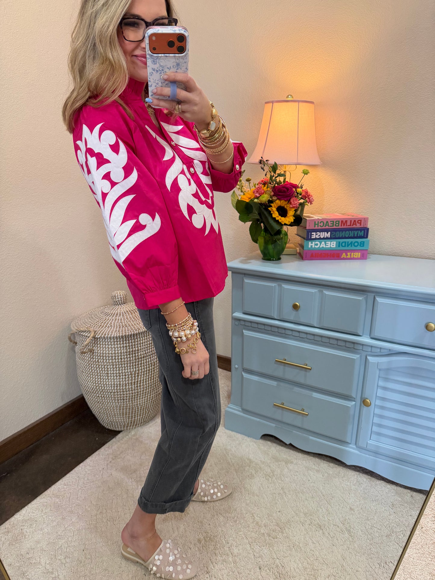 Hot PInk Decorative Embroidered Front Button Up Top