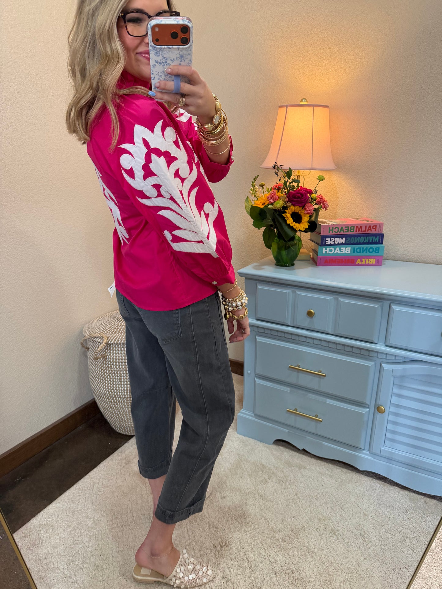 Hot PInk Decorative Embroidered Front Button Up Top