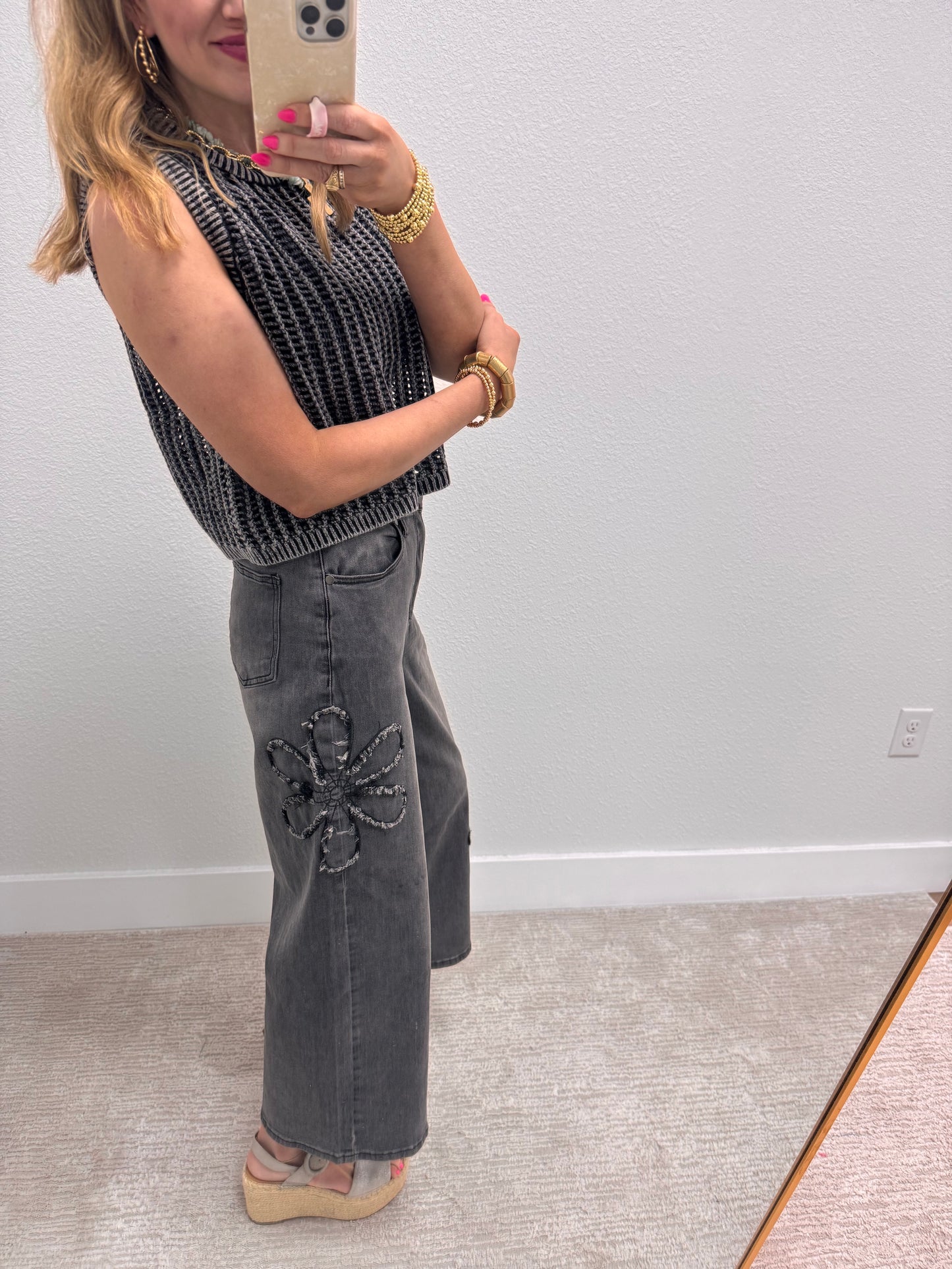 Washed Black Open Knit Sleeveless Top