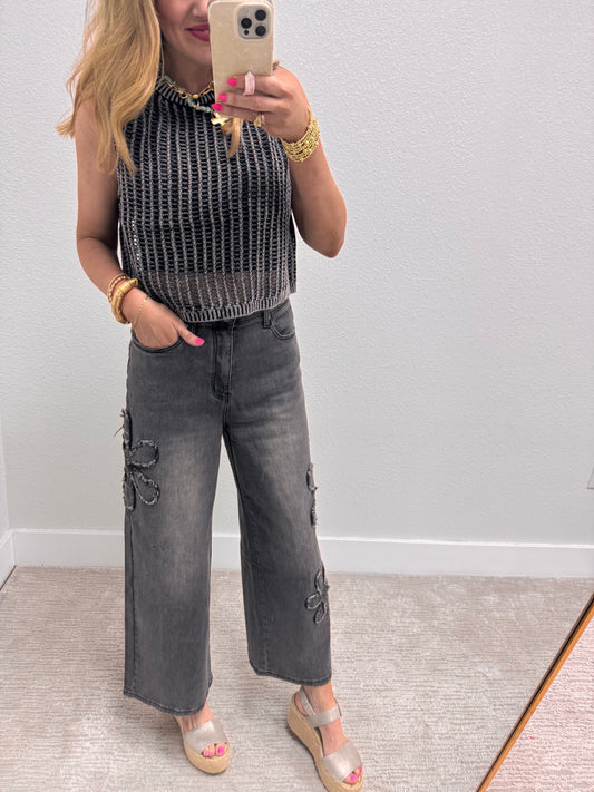 Black Denim Flower Patch Wide Leg Pants