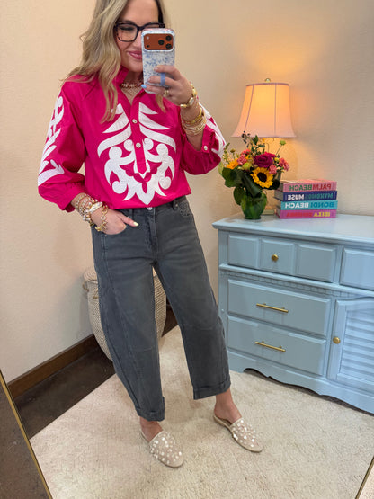 Hot PInk Decorative Embroidered Front Button Up Top