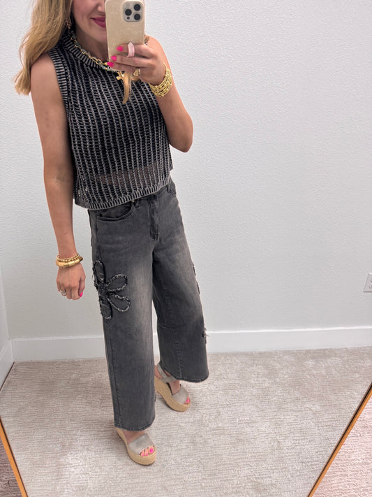 Washed Black Open Knit Sleeveless Top