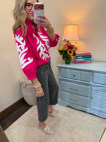 Hot PInk Decorative Embroidered Front Button Up Top