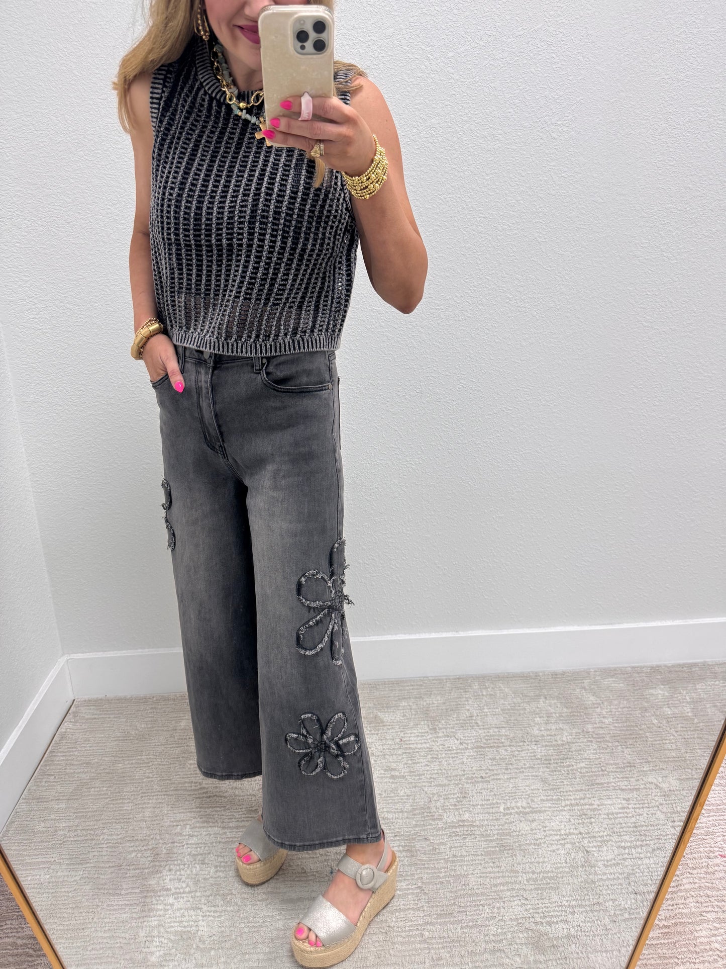 Washed Black Open Knit Sleeveless Top
