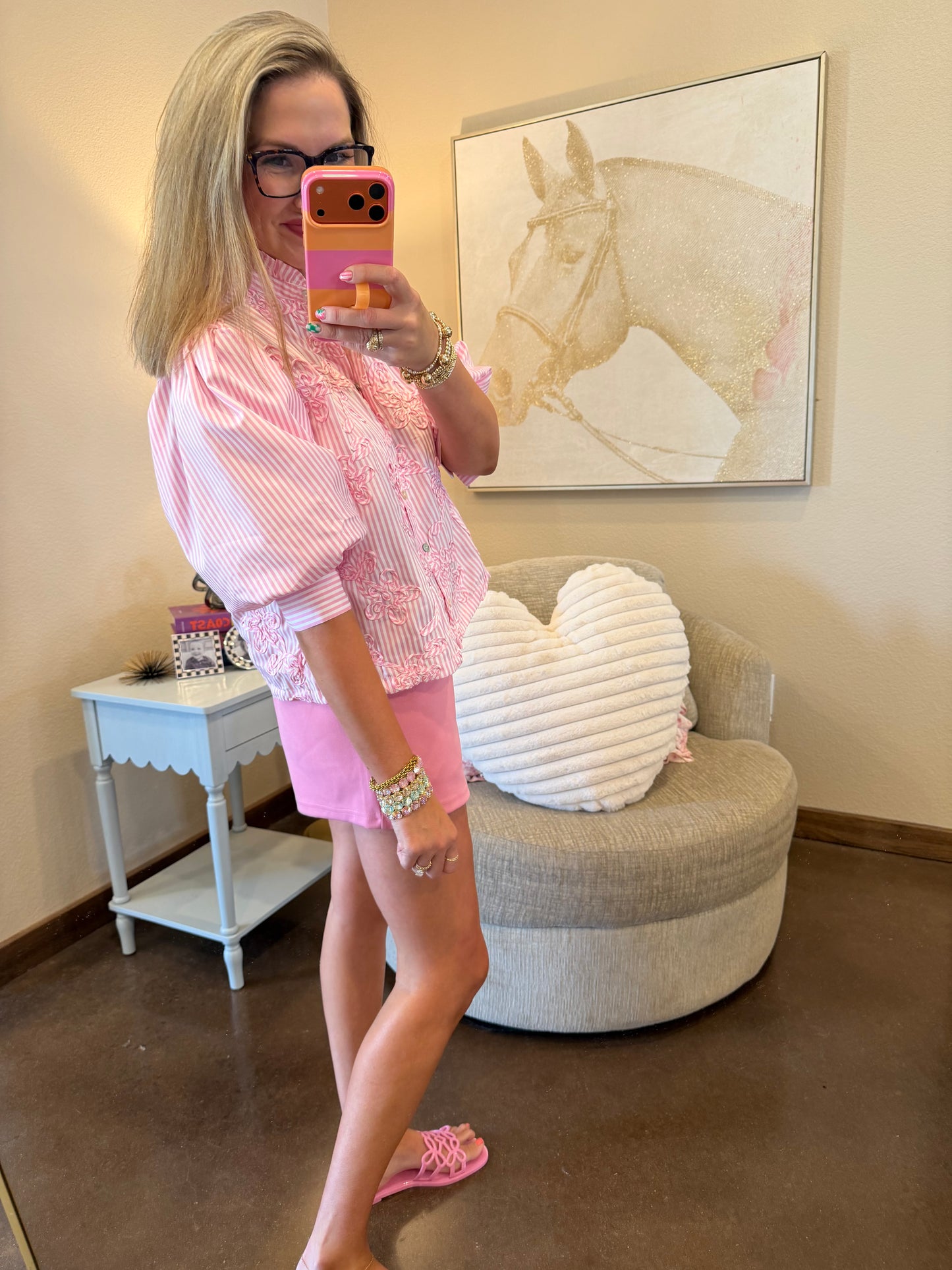 Pink Puff Sleeve Blouse With Ruffle Neck