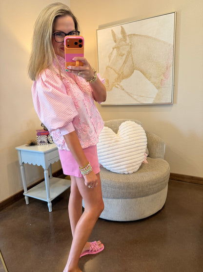 Pink Puff Sleeve Blouse With Ruffle Neck
