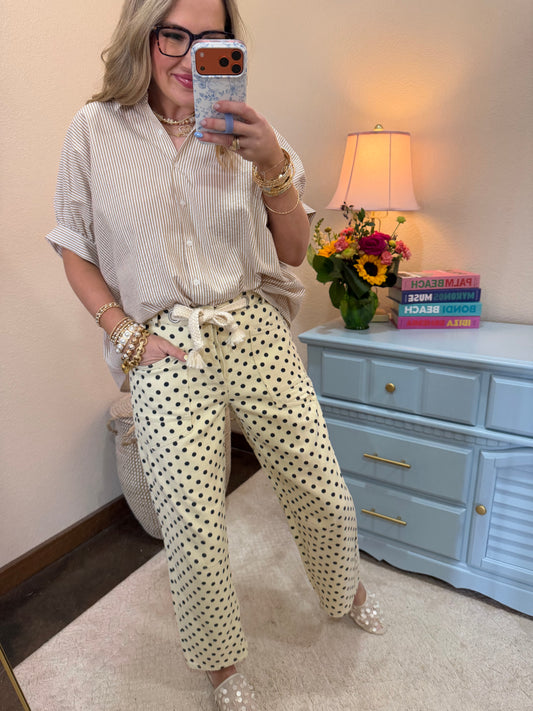 Taupe Striped Short Sleeve Button-front Blouse