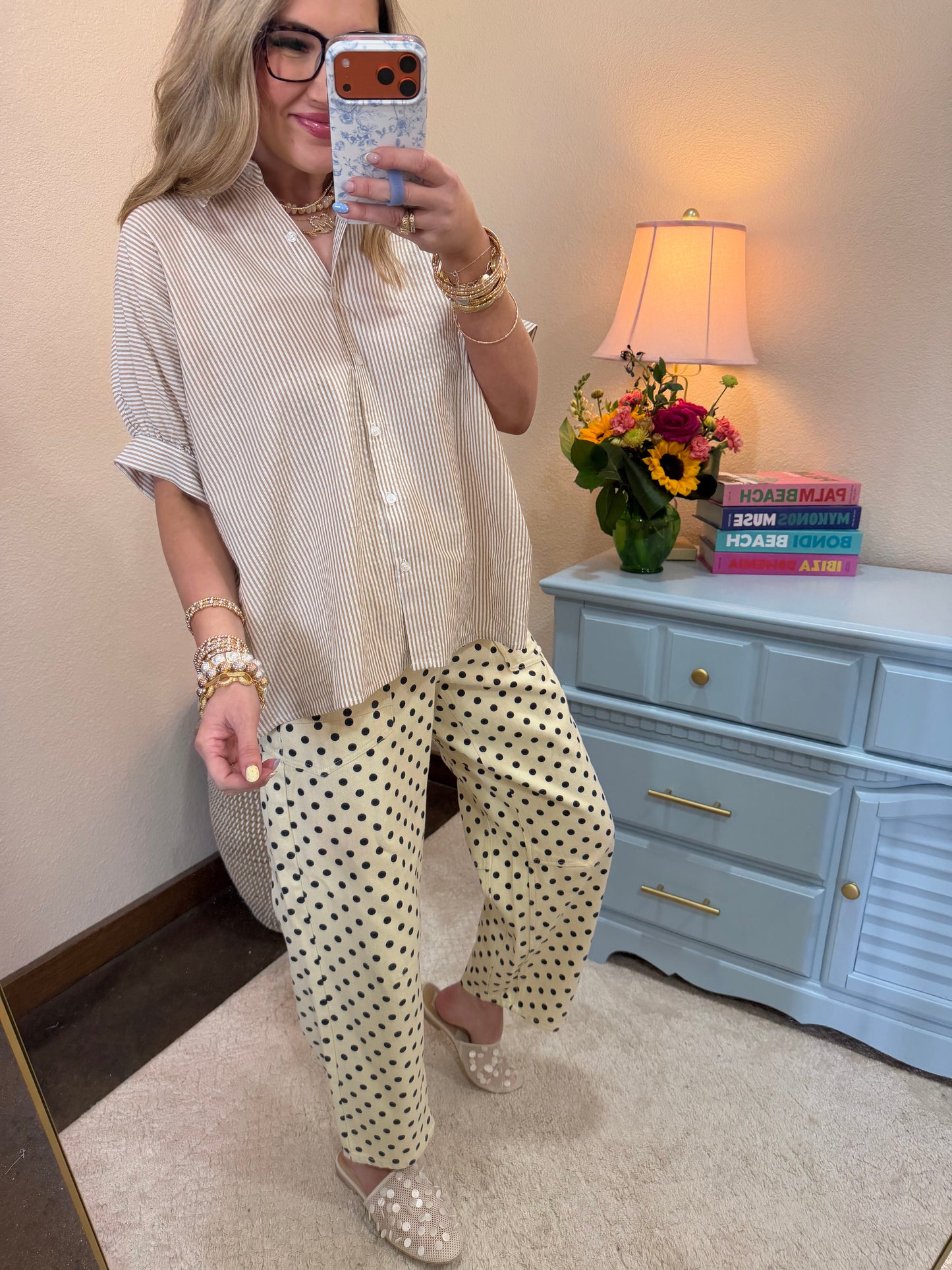 Taupe Striped Short Sleeve Button-front Blouse