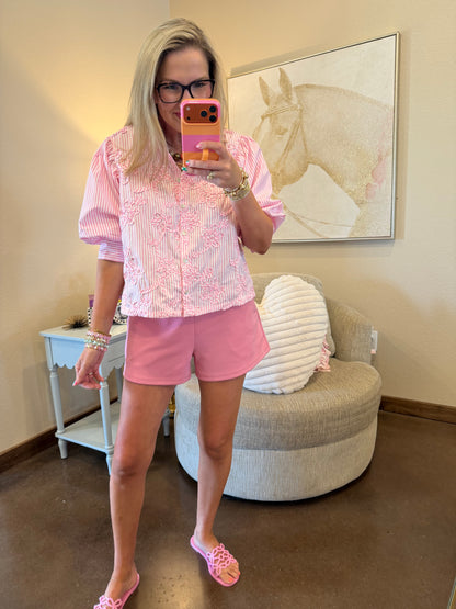 Pink Puff Sleeve Blouse With Ruffle Neck