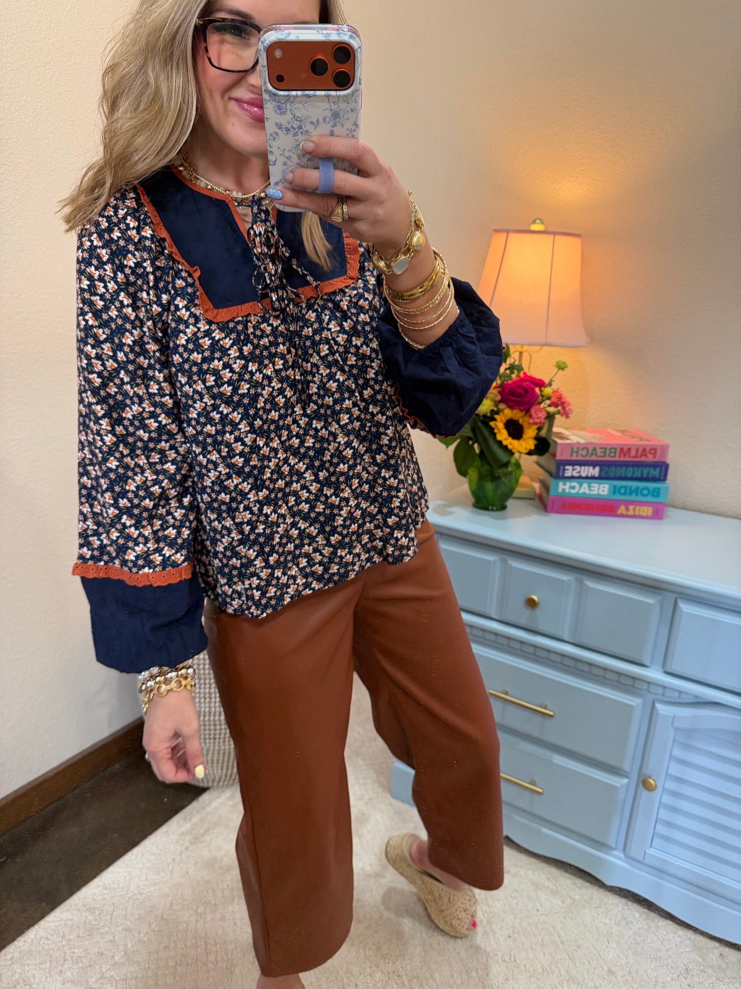 Navy Floral Print Babydoll Top