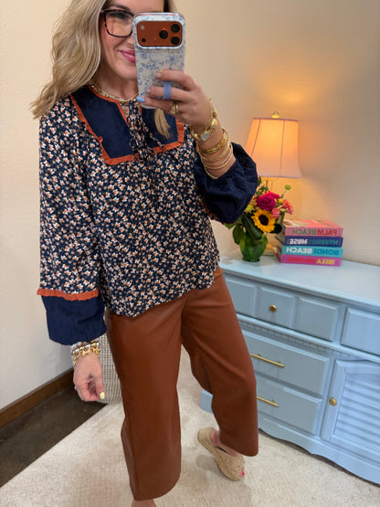 Navy Floral Print Babydoll Top