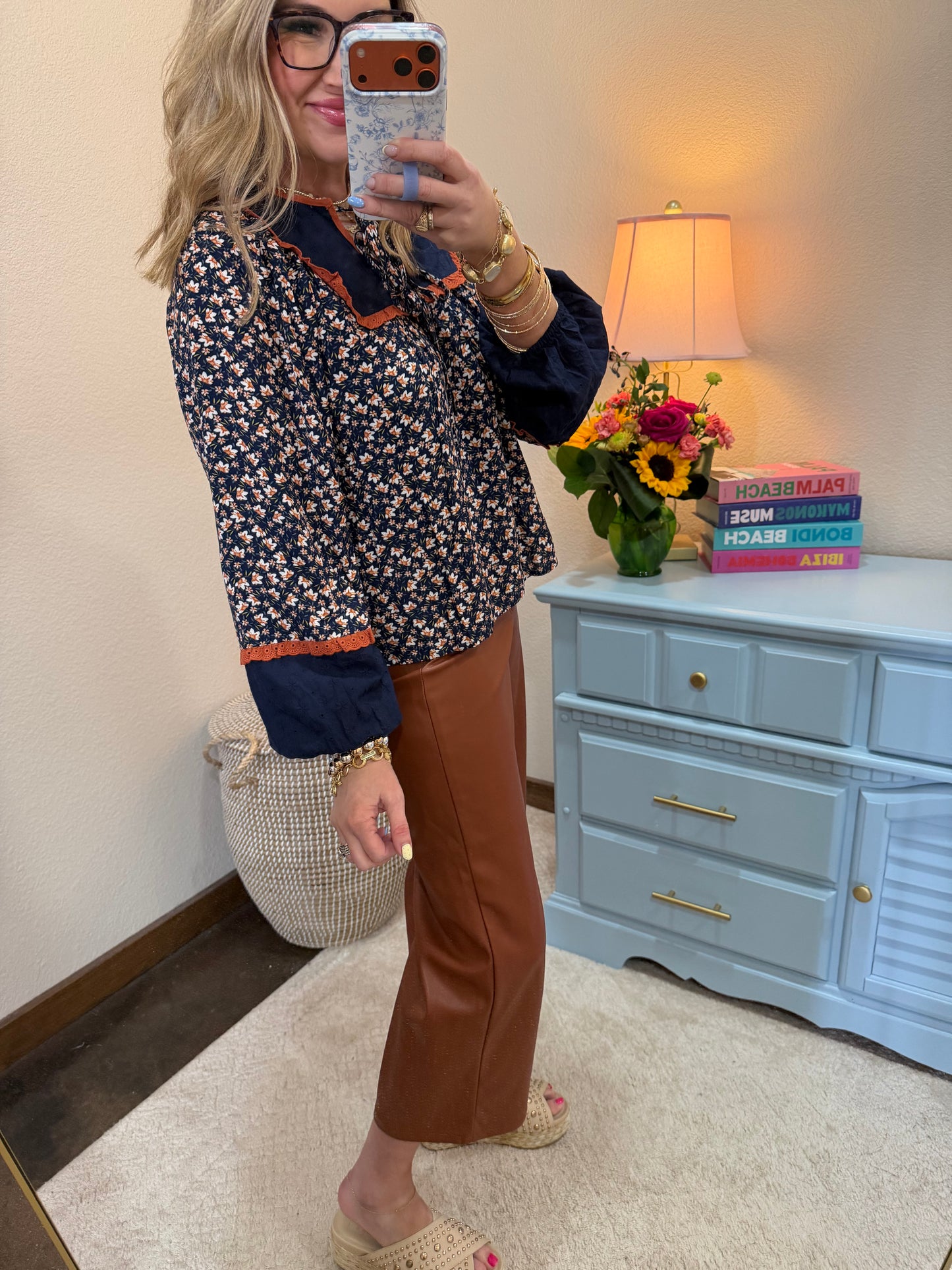 Navy Floral Print Babydoll Top