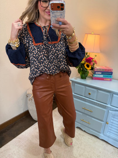 Navy Floral Print Babydoll Top