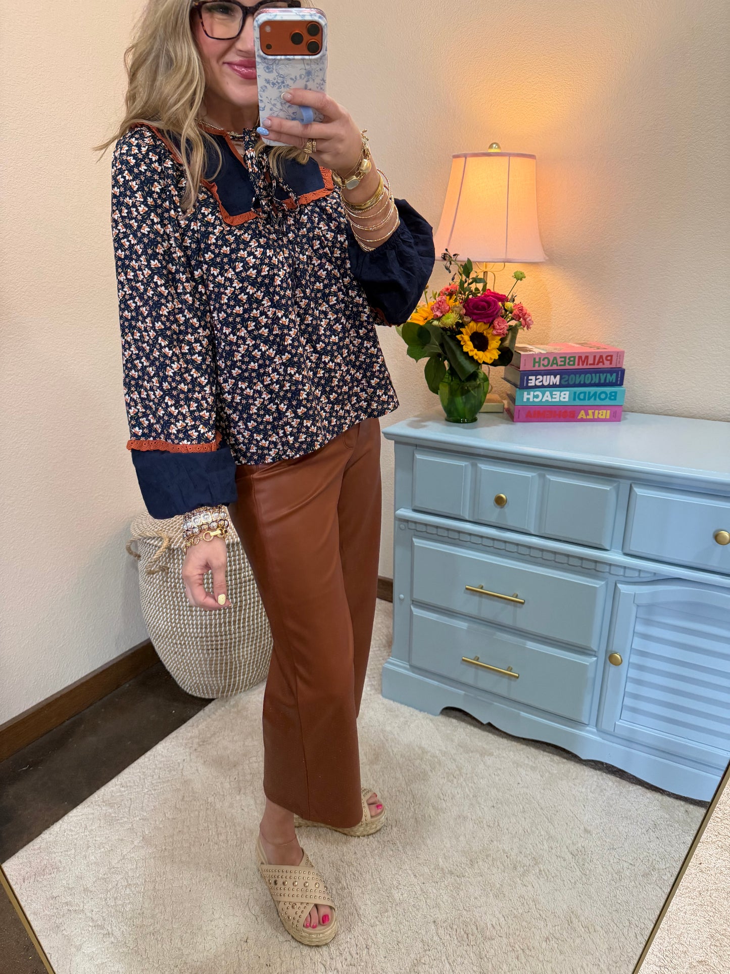 Navy Floral Print Babydoll Top