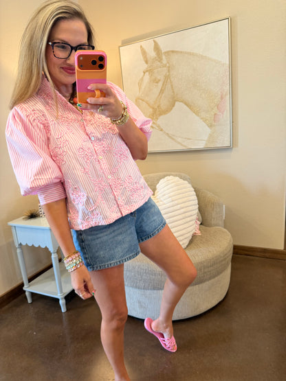 Pink Puff Sleeve Blouse With Ruffle Neck