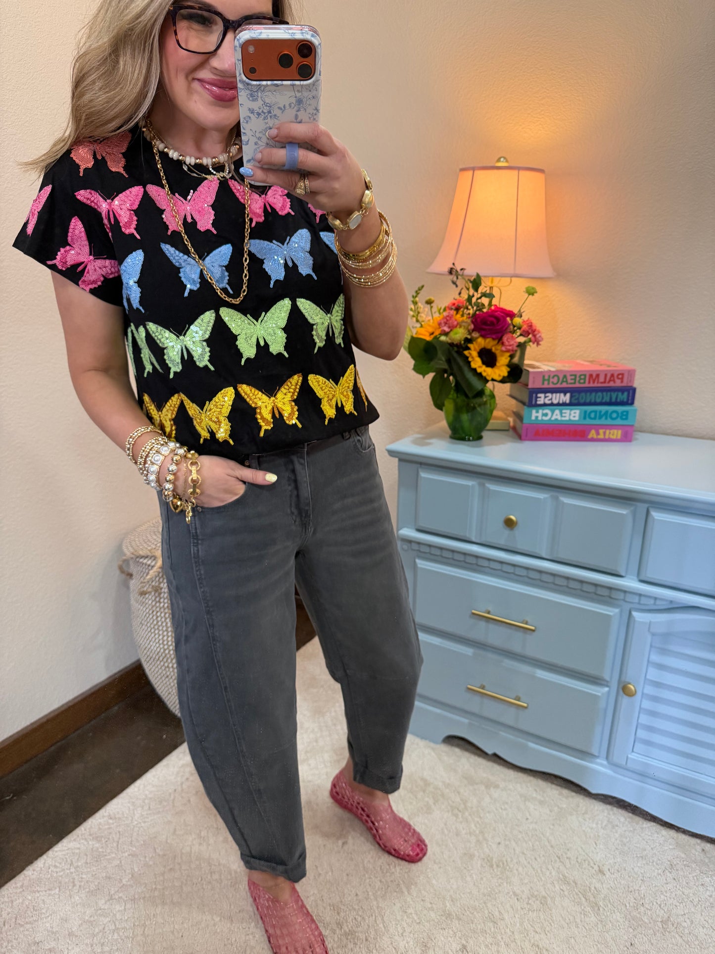 Queen of Sparkles Black Multi Butterfly Tee