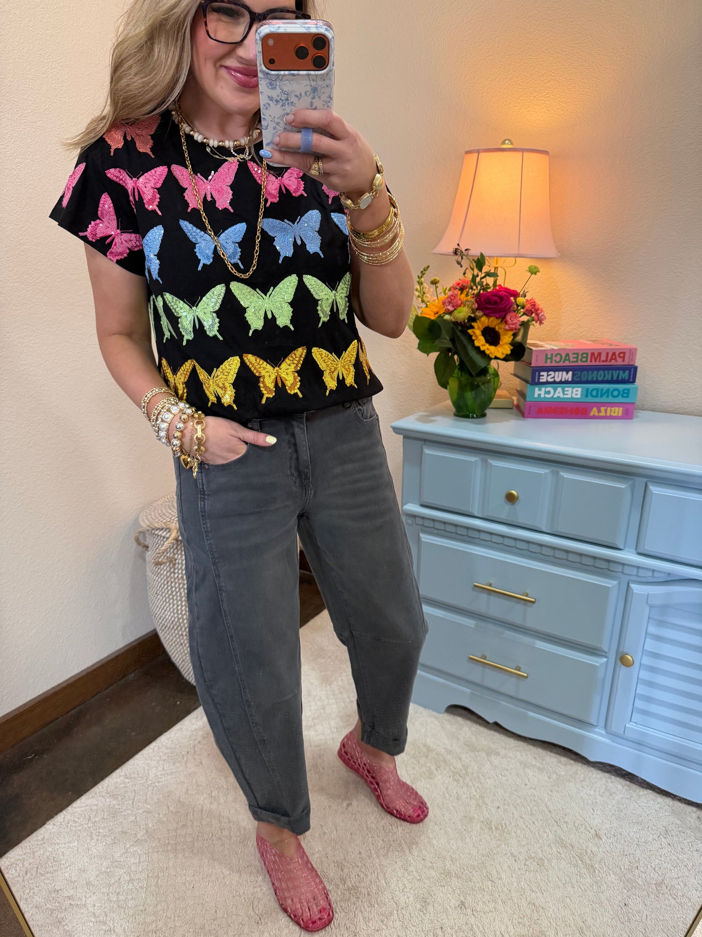 Queen of Sparkles Black Multi Butterfly Tee