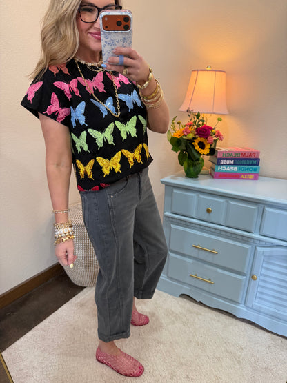 Queen of Sparkles Black Multi Butterfly Tee