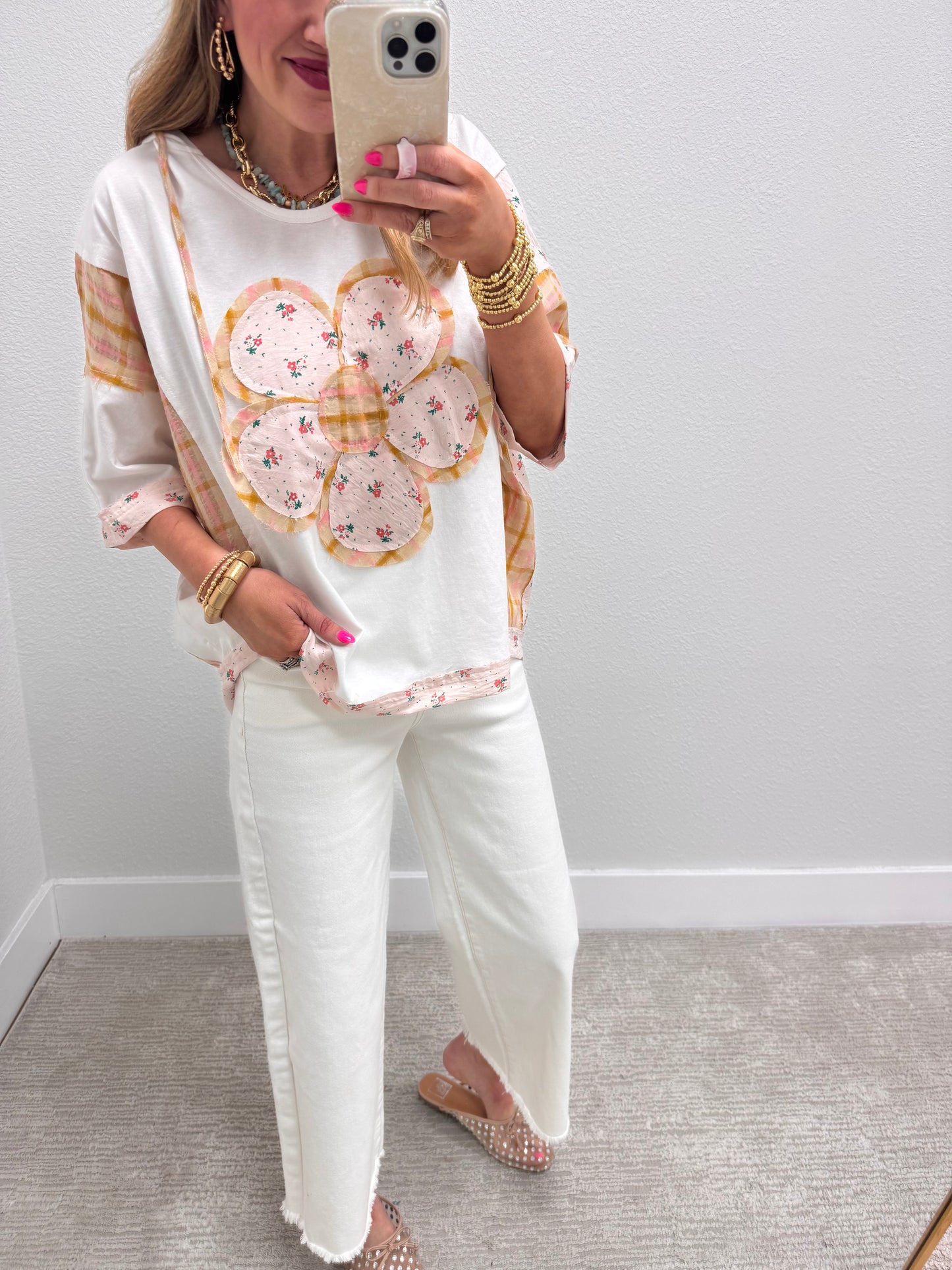 Ivory Floral Patch Short Sleeve Hoodie Top