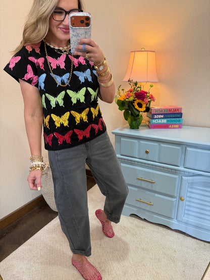 Queen of Sparkles Black Multi Butterfly Tee
