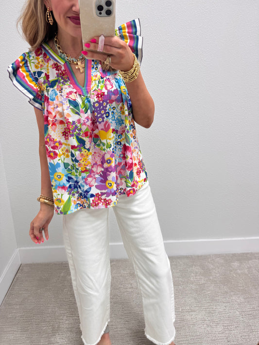 Floral Notch Neck Top with Striped Flutter Sleeve and Trim