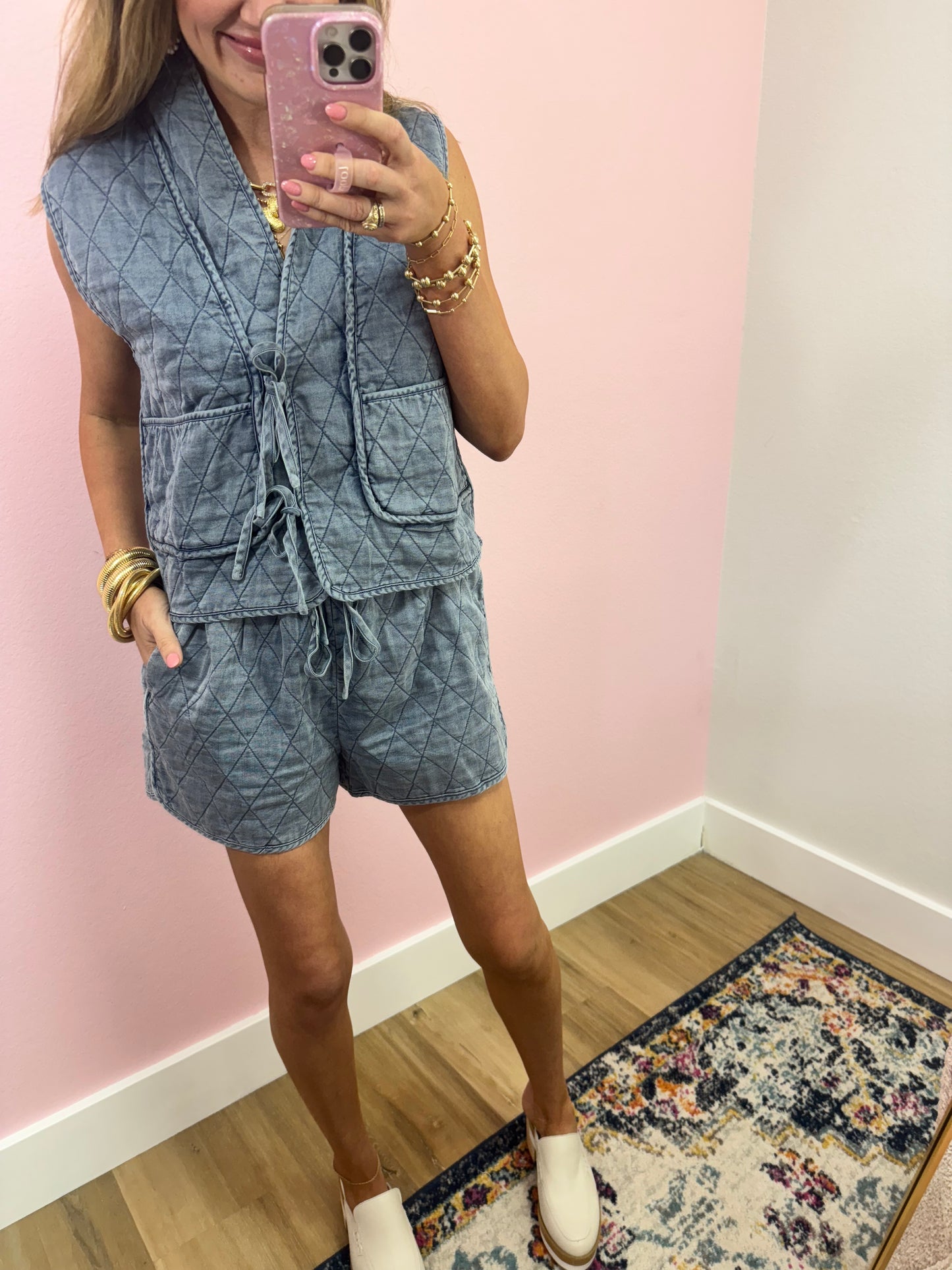 Denim Quilted Vest Two Piece Set