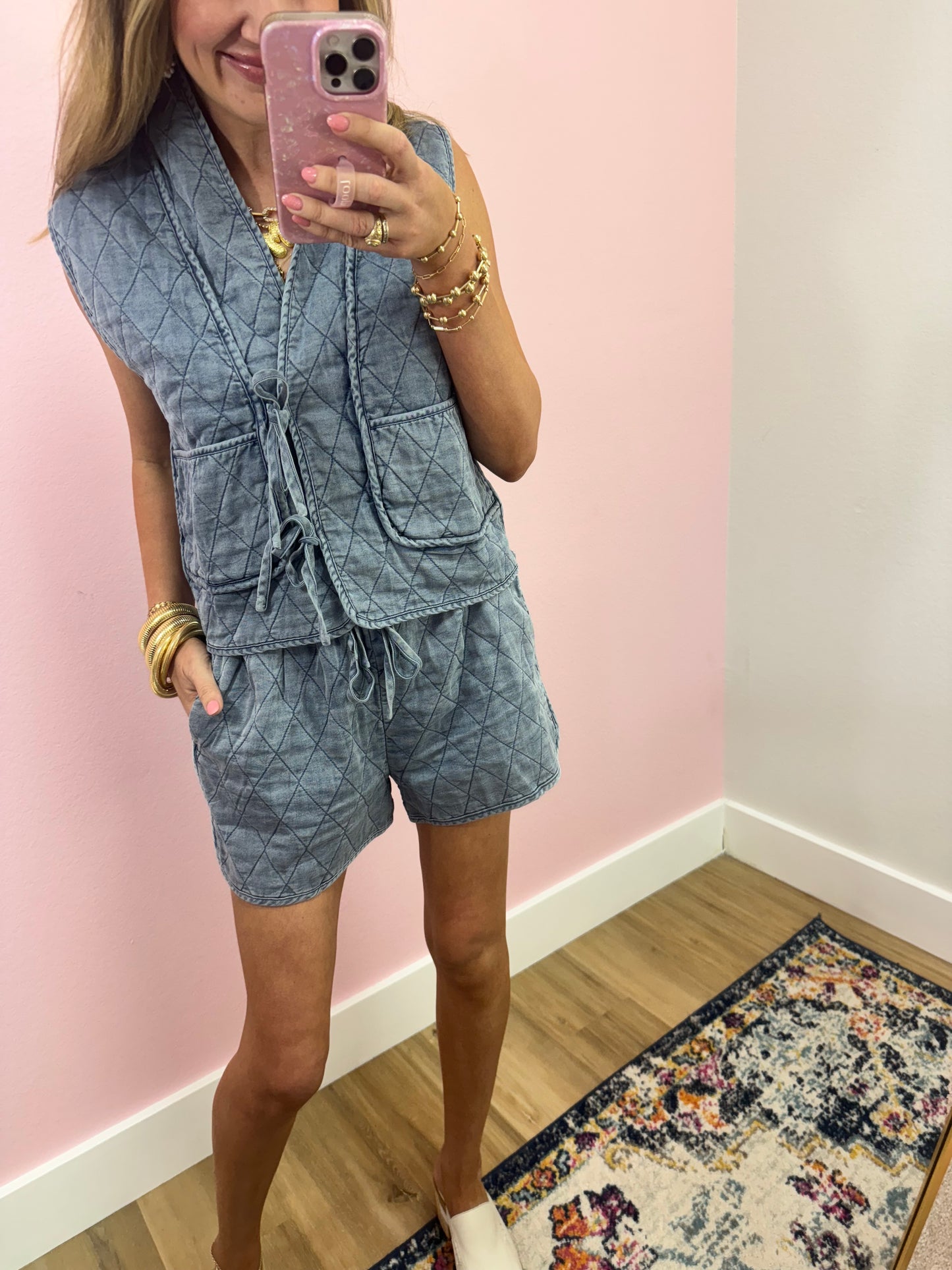 Denim Quilted Vest Two Piece Set