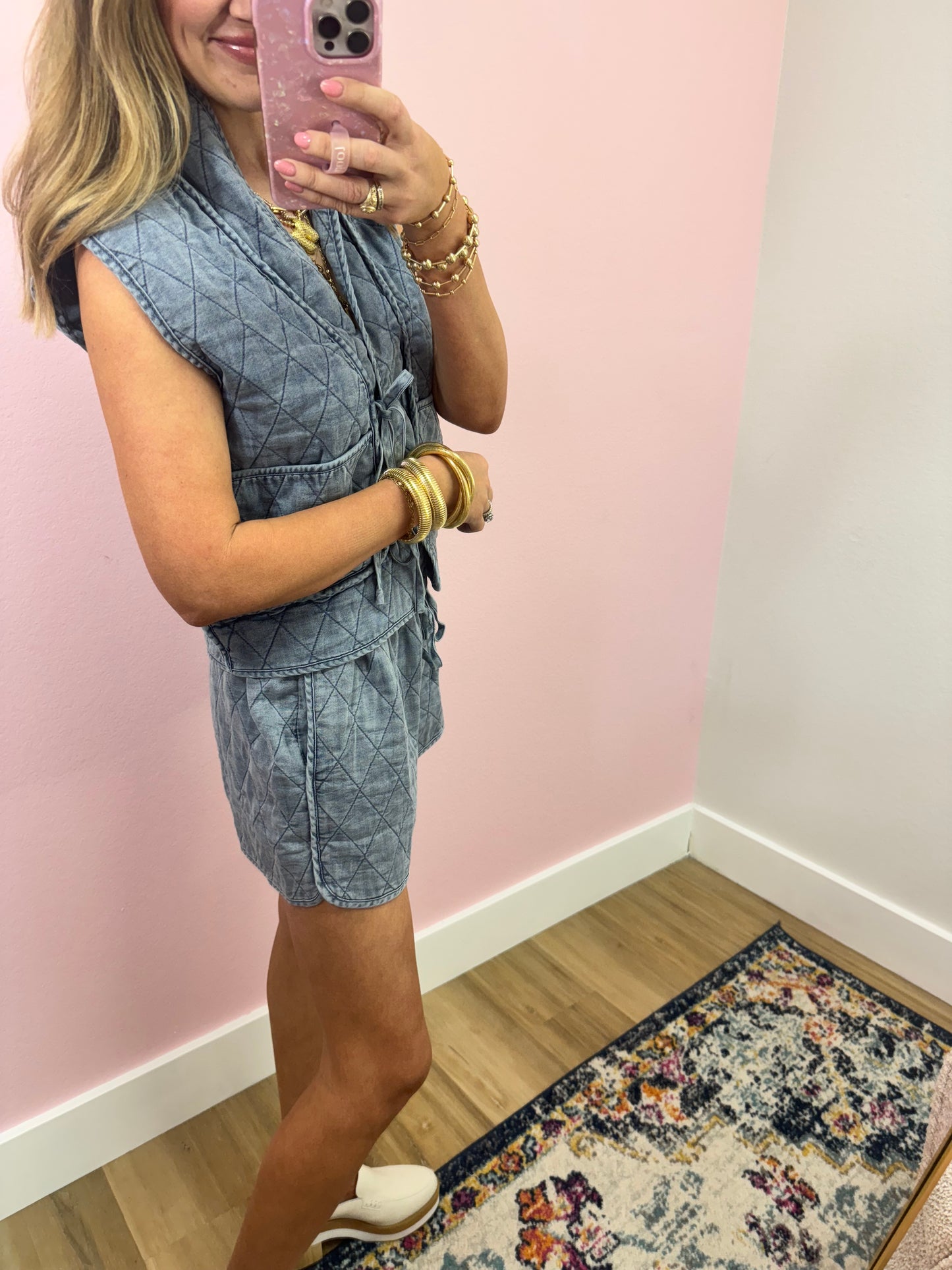 Denim Quilted Vest Two Piece Set