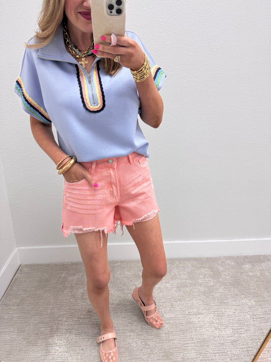 Ice Blue Half Zip Scuba Scalloped Trim Top