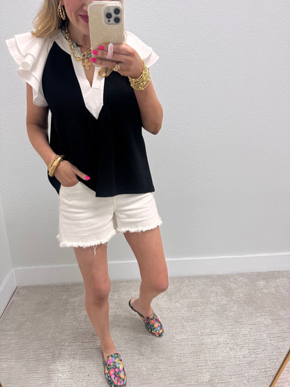 Black V Neck White Ruffle Sleeve Top