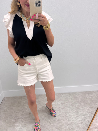 Black V Neck White Ruffle Sleeve Top