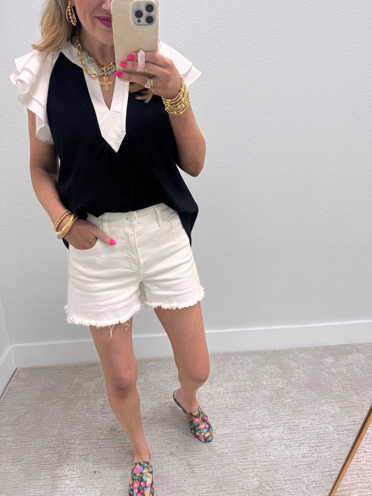 Black V Neck White Ruffle Sleeve Top