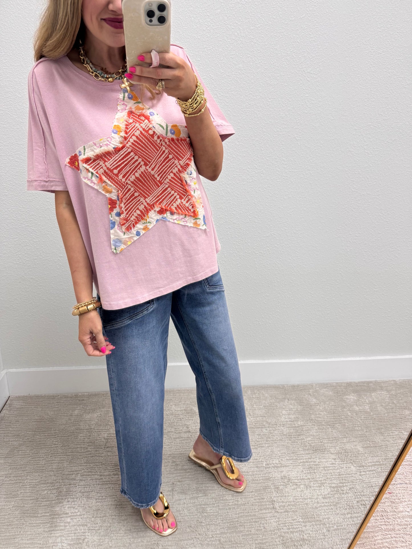 Cotton Pink Star Patch Top